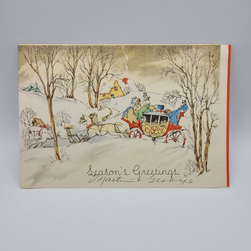 Vintage Seasons Greetings Christmas Card Horse Drawn Carriage Signed